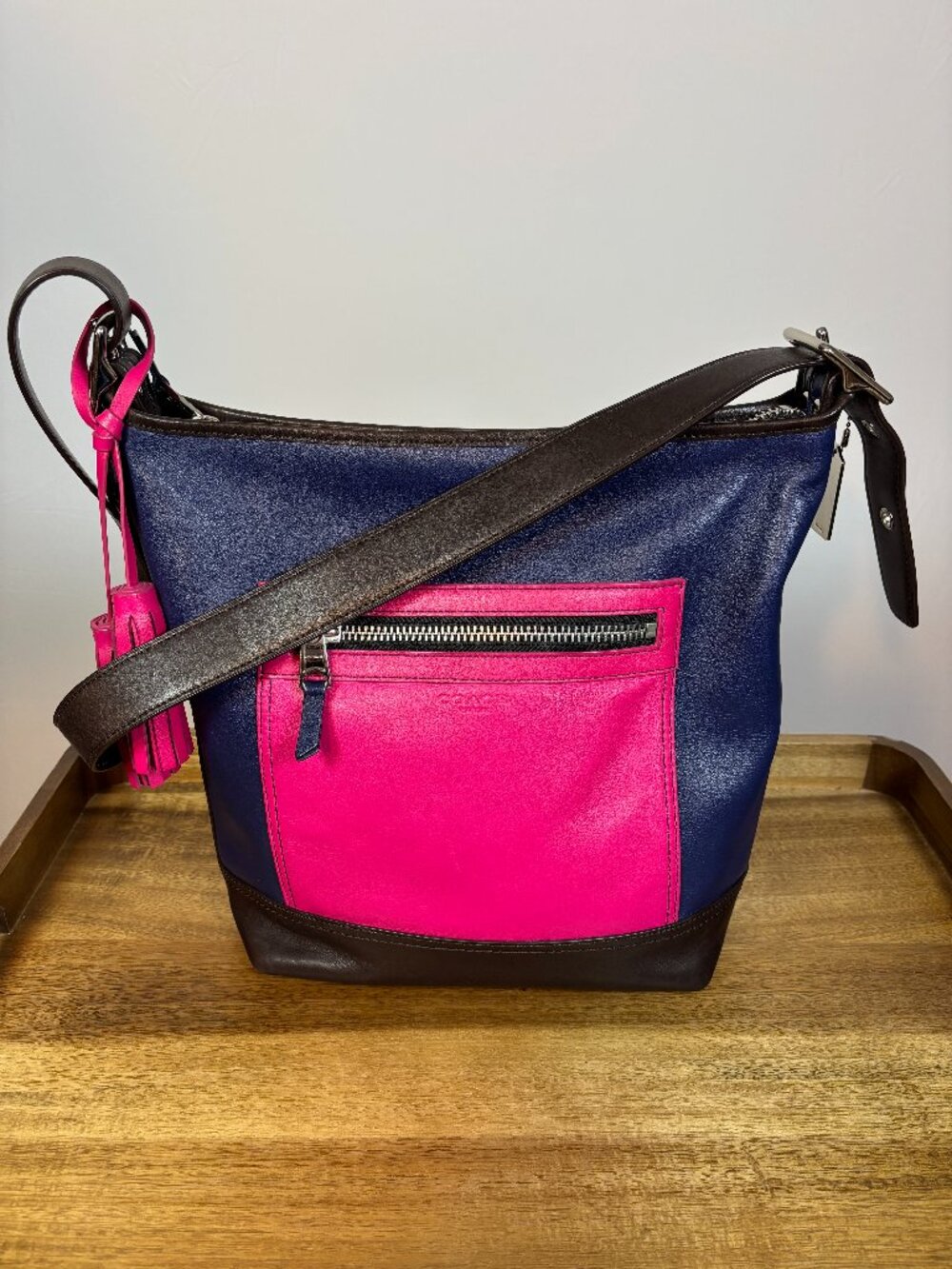Coach Legacy Colorblock Brown Navy Pink Leather Duffle Shoulder Bag